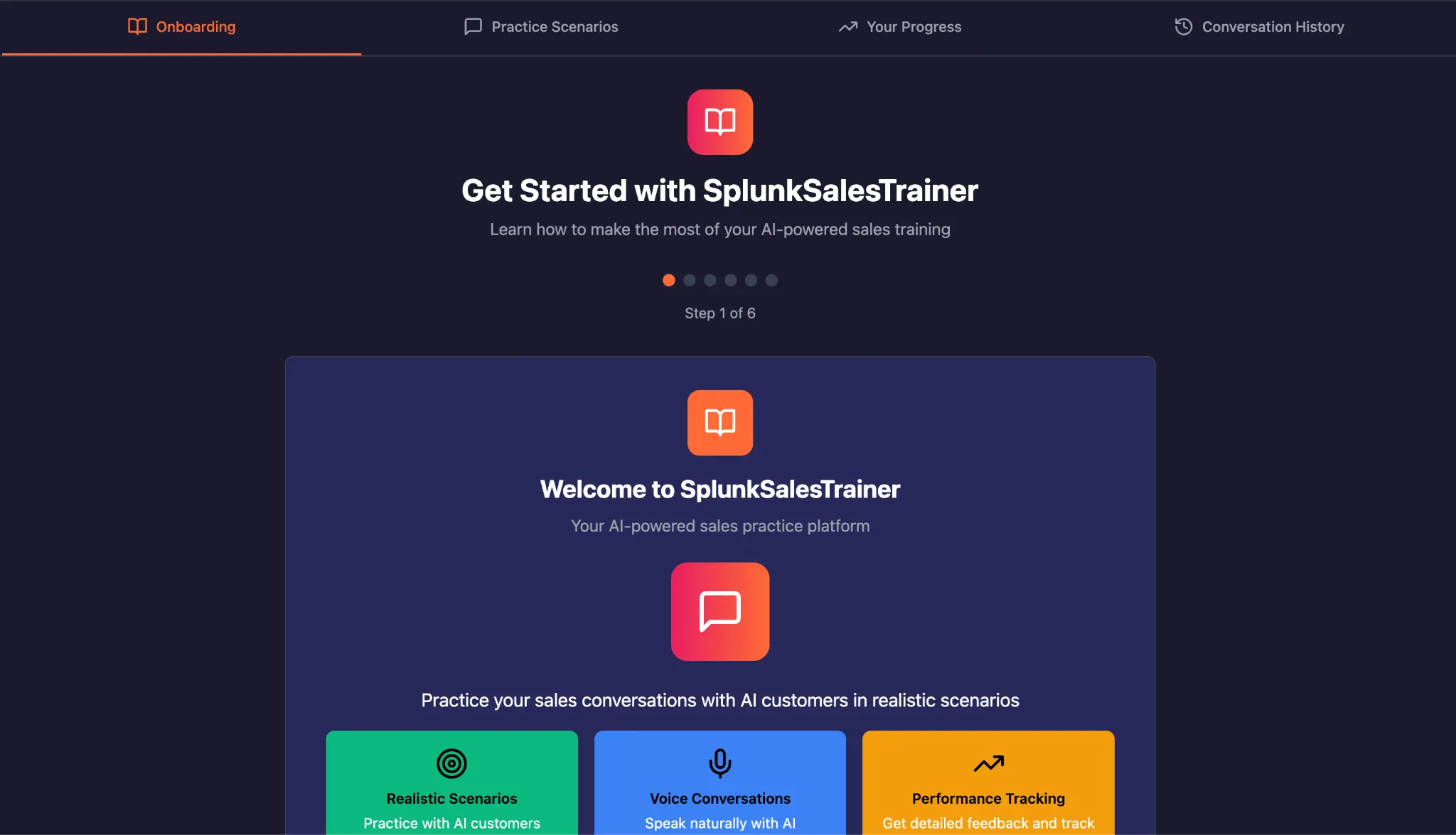 Welcome to SplunkSalesTrainer onboarding screen