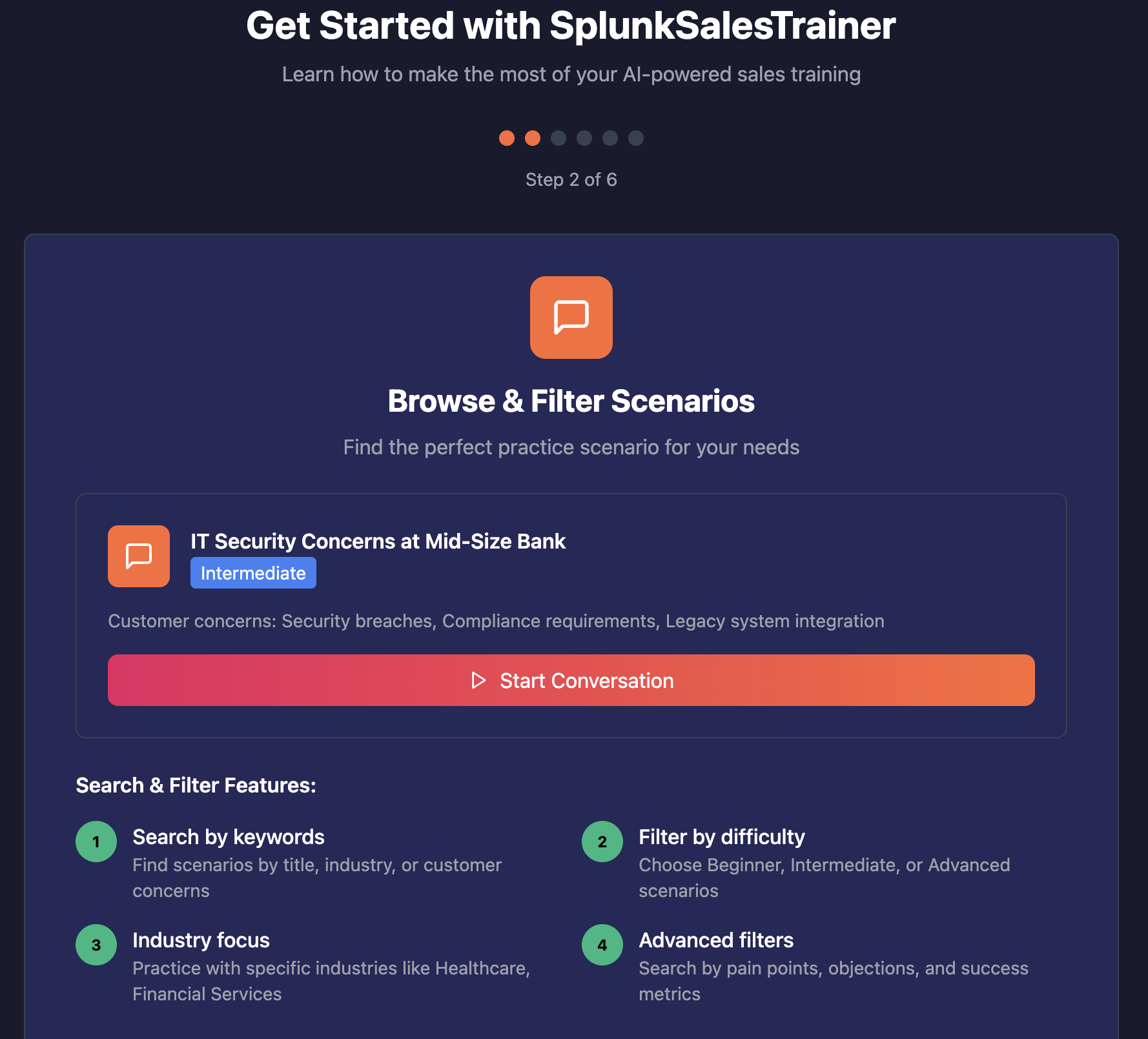 Browse and filter practice scenarios