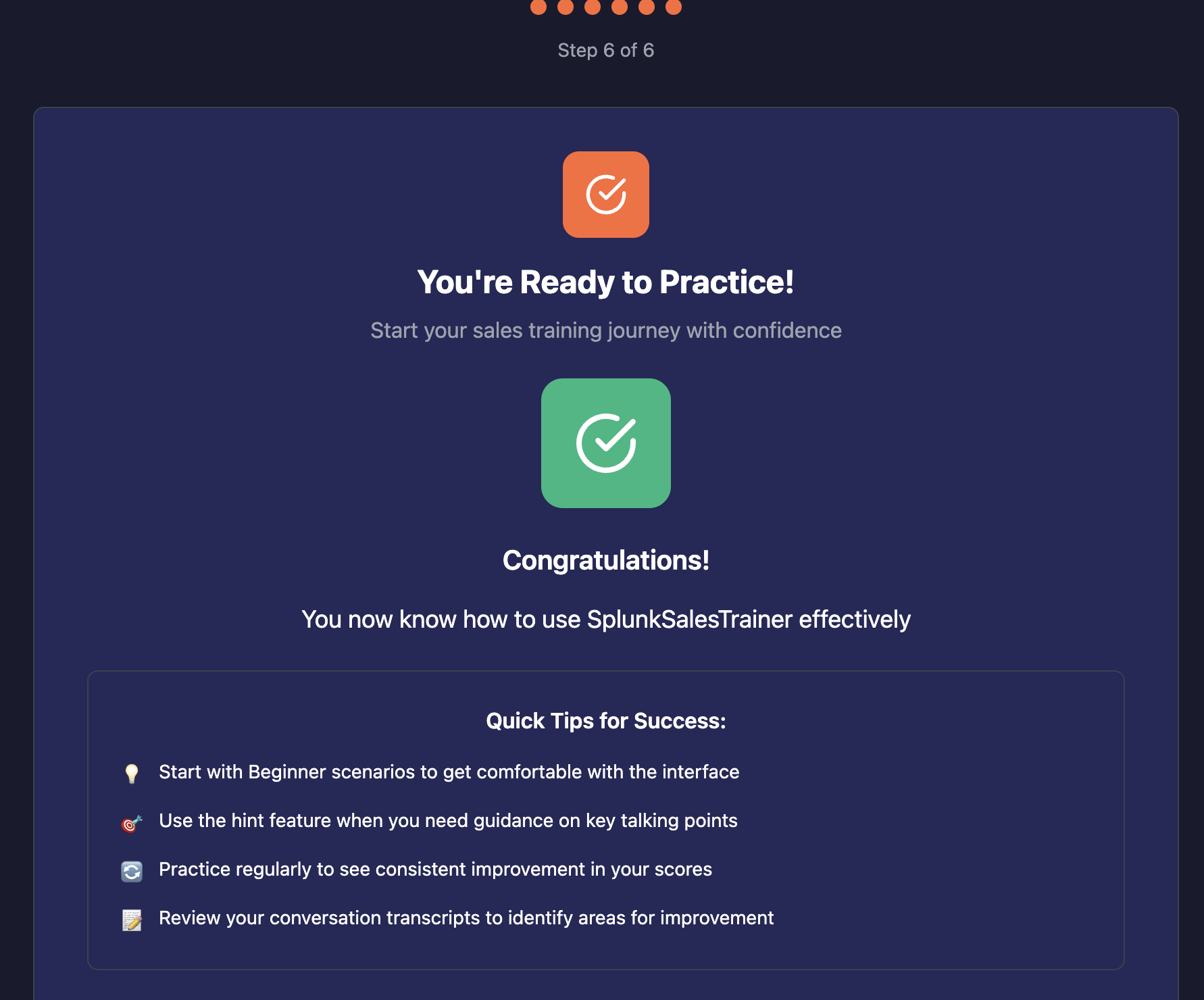Youre ready to practice completion screen