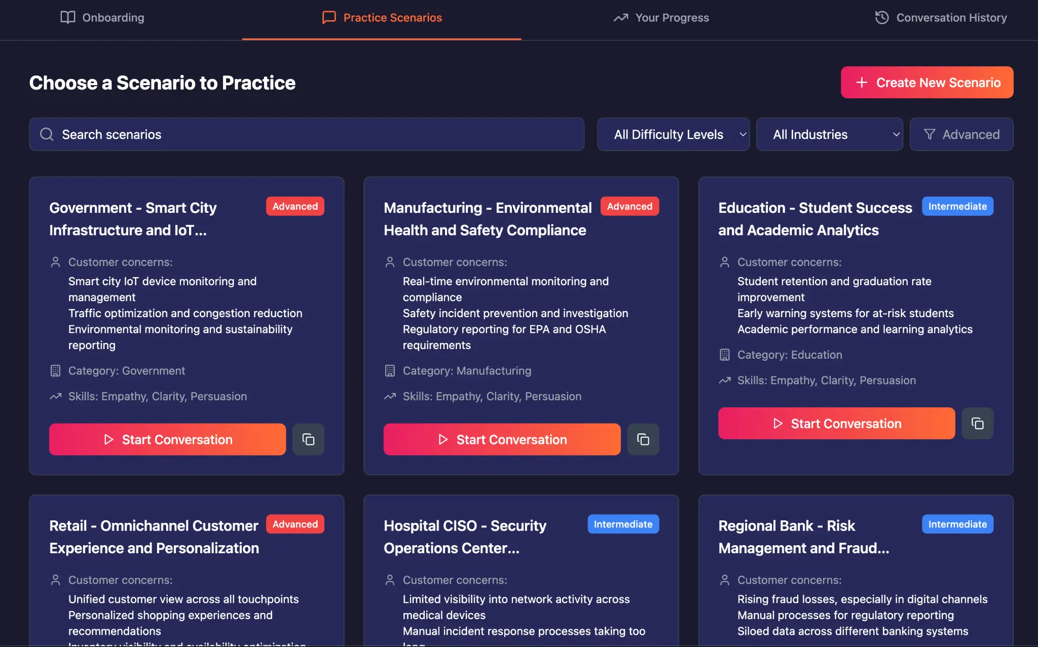 Practice scenarios grid view