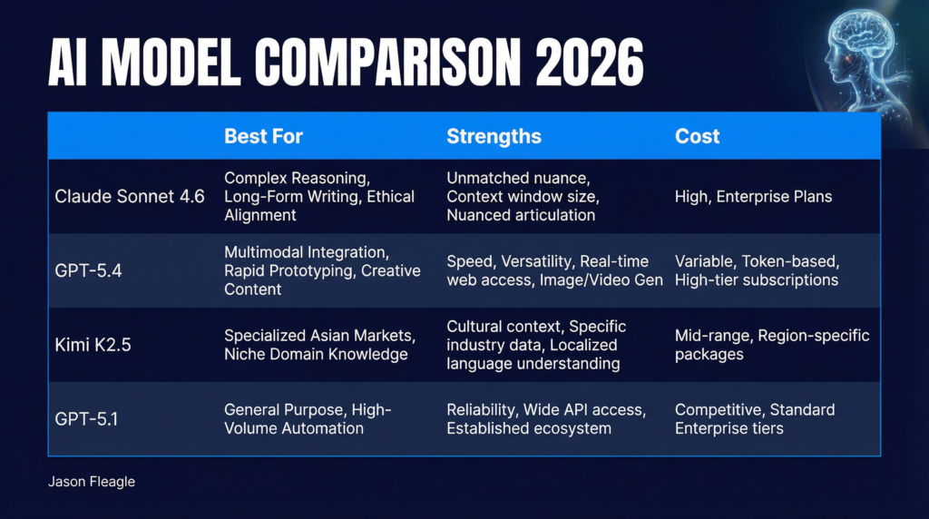 AI model comparison table for 2026 comparing Claude Sonnet 4.6, GPT-5.4, Kimi K2.5, and GPT-5.1 across best use cases, strengths, and cost for business AI agent deployment
