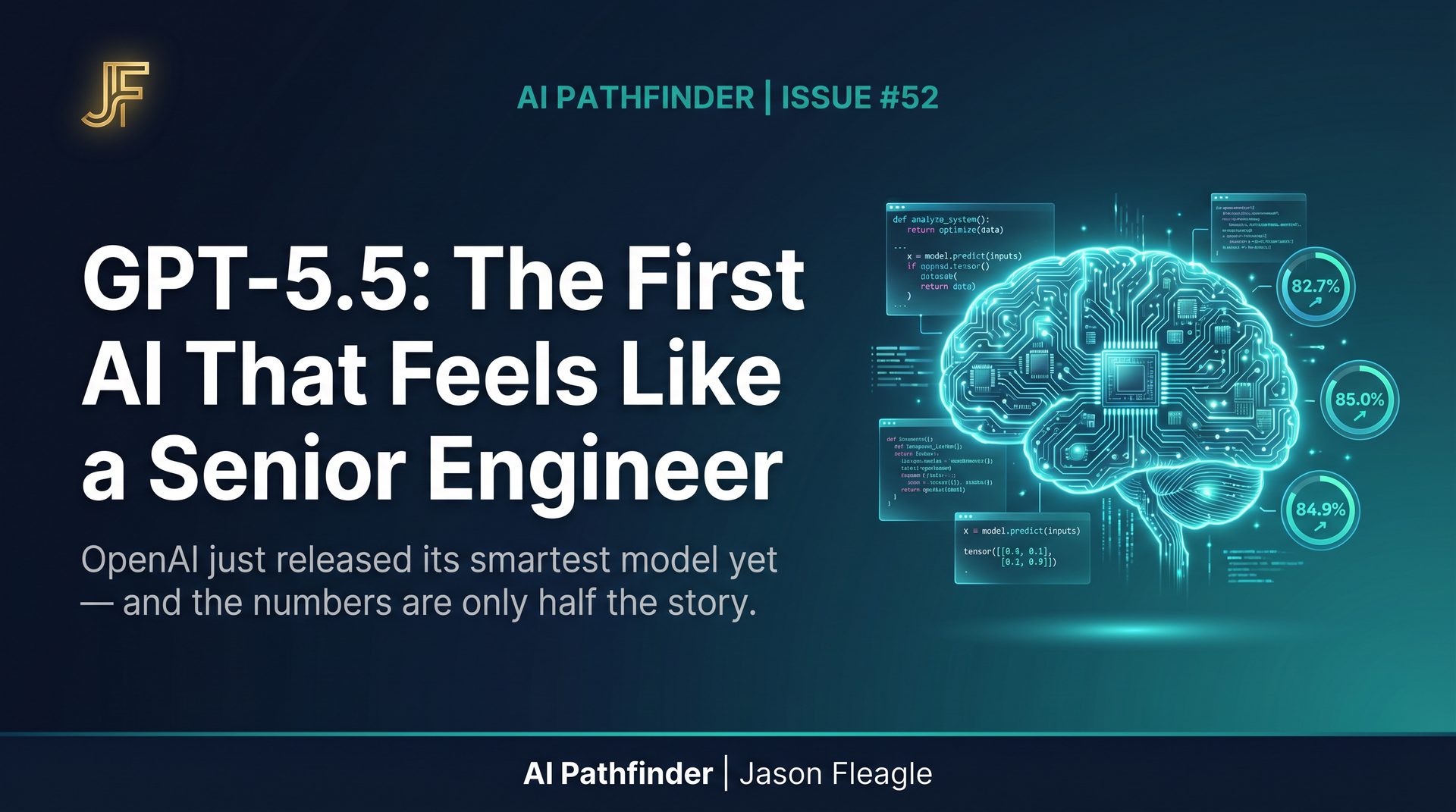 GPT-5.5 featured image: dark navy background with neural network brain illustration and benchmark scores