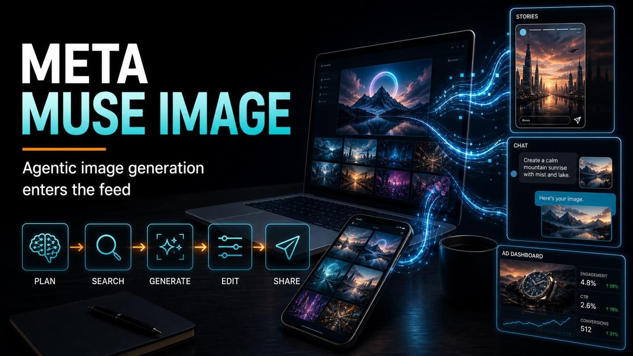 AI Pathfinder cover graphic titled Meta Muse Image showing agentic image generation moving from planning and search to generate, edit, and share across social feeds and ads
