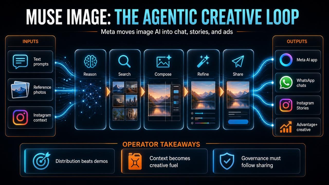 Infographic titled Muse Image: The Agentic Creative Loop showing inputs, reasoning, search, compose, refine, share, and outputs to Meta AI, WhatsApp, Instagram Stories, and Advantage+ creative