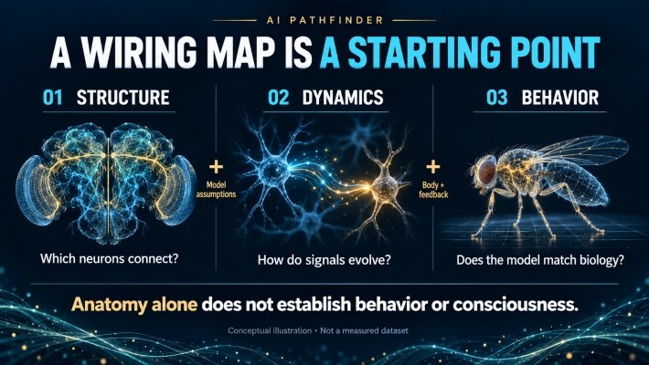 Structure, dynamics and behavior: a wiring map needs model assumptions and body feedback; anatomy alone does not establish behavior or consciousness.
