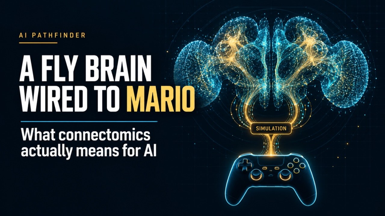 Conceptual fly neural wiring linked through a simulation to a game controller; not evidence of learning to play.