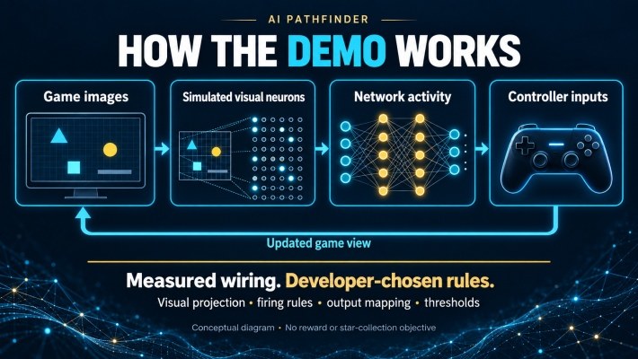 Conceptual Fly64 loop: game images, simulated visual neurons, network activity and controller inputs. Measured wiring with developer-chosen rules; no reward objective.