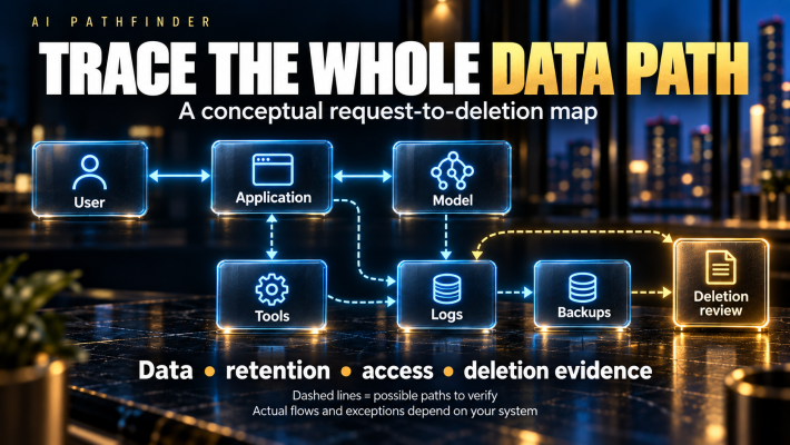 Conceptual request-to-deletion map: user, application, model, tools, logs, backups, and deletion review; dashed lines are possible paths to verify.