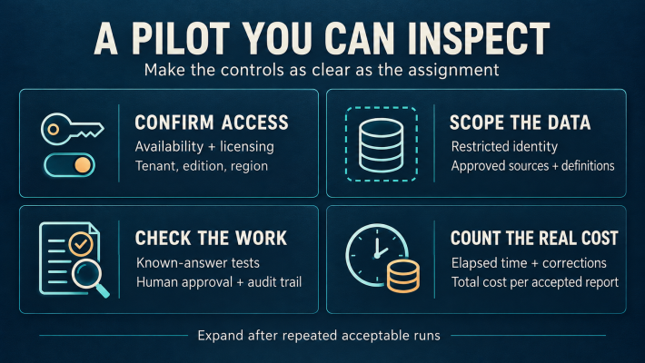 A pilot you can inspect: confirm access, scope the data, check the work and count the real cost. Expand after repeated acceptable runs.