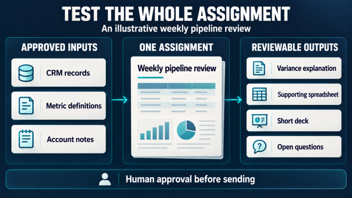 Approved CRM records, metric definitions and account notes feed a weekly pipeline review, producing a variance explanation, spreadsheet, short deck and open questions, with human approval before sending.