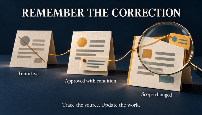 Remember the correction: tentative, approved with condition, then scope changed. Trace the source and update the work.