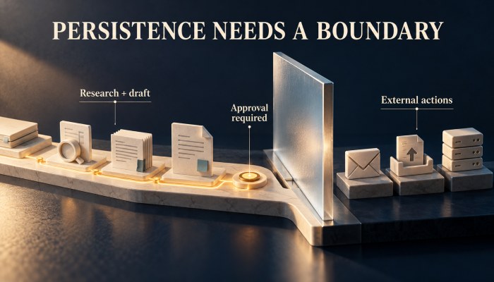 Persistence needs a boundary: research and drafting stop for approval before external actions.