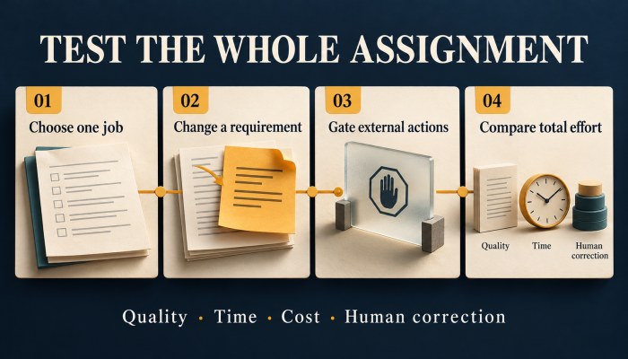 Test the whole assignment: choose one job, change a requirement, gate external actions and compare total effort.